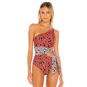 Beach Riot One-Shoulder Coral and Black Leopard One-Piece Swim